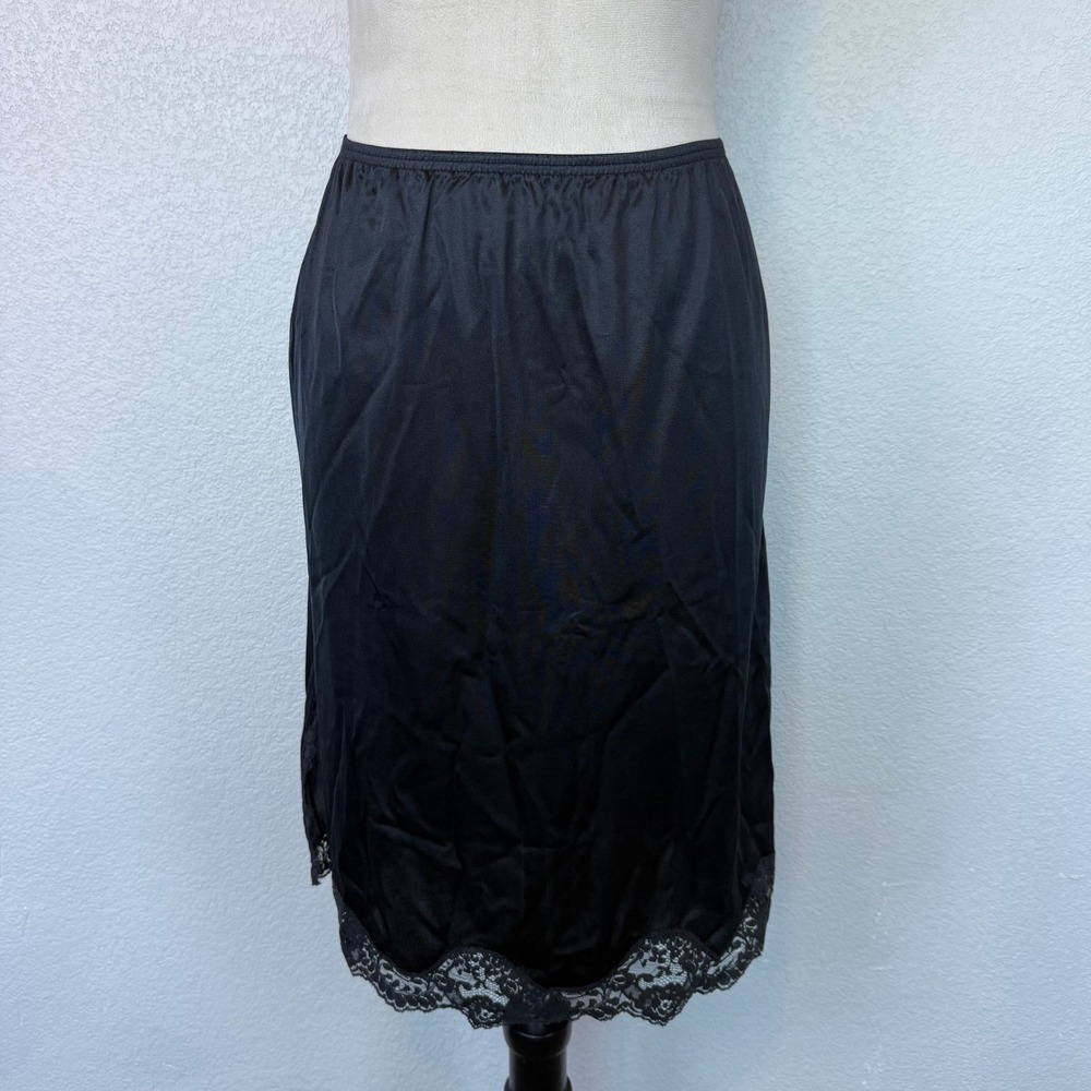 VTG 80's Body Lites JCPenney Slip Skirt Black Lace Trim Nylon Side Slit Size Sm